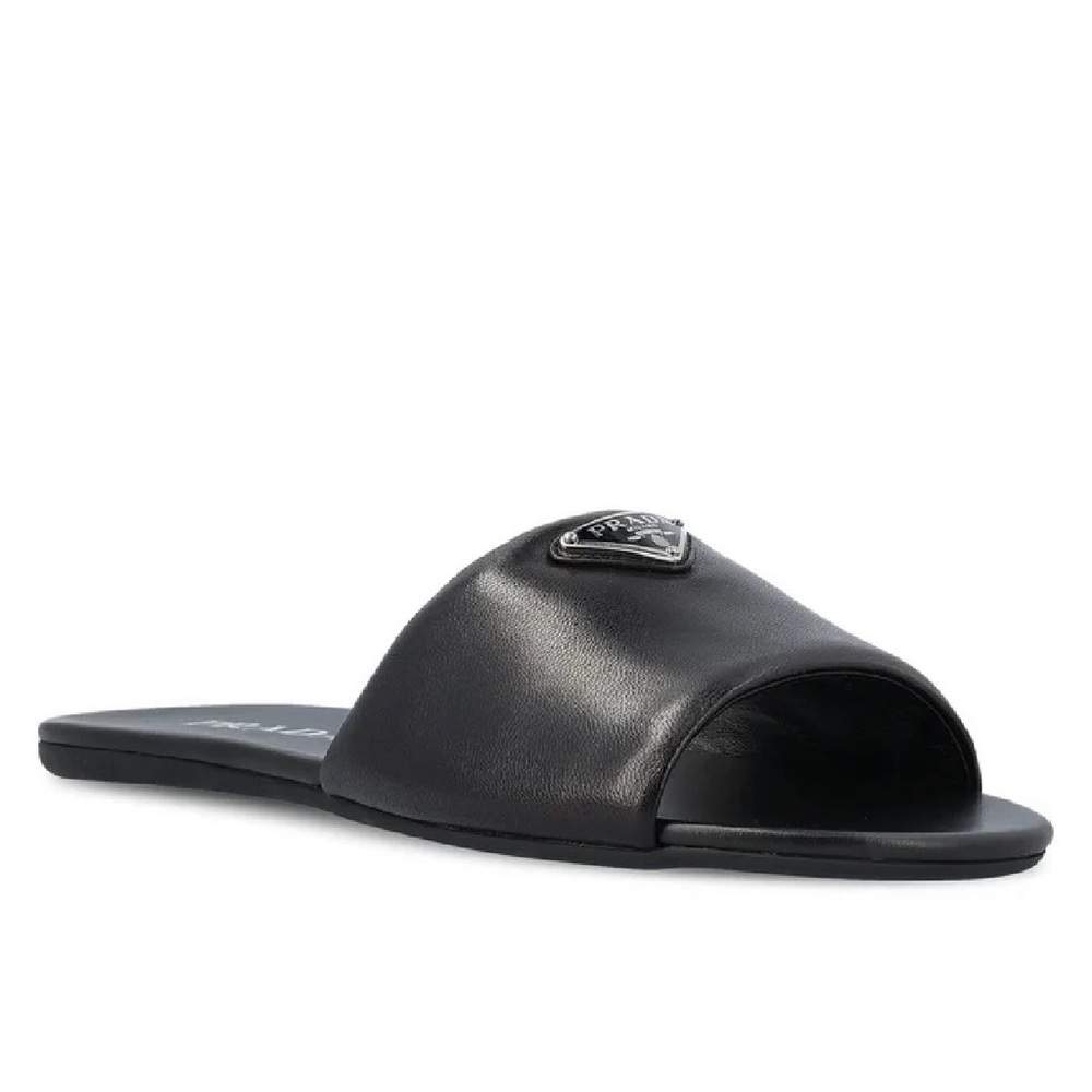 Authentic Prada Black Nappa Soft Leather Slip On Slide Sandals